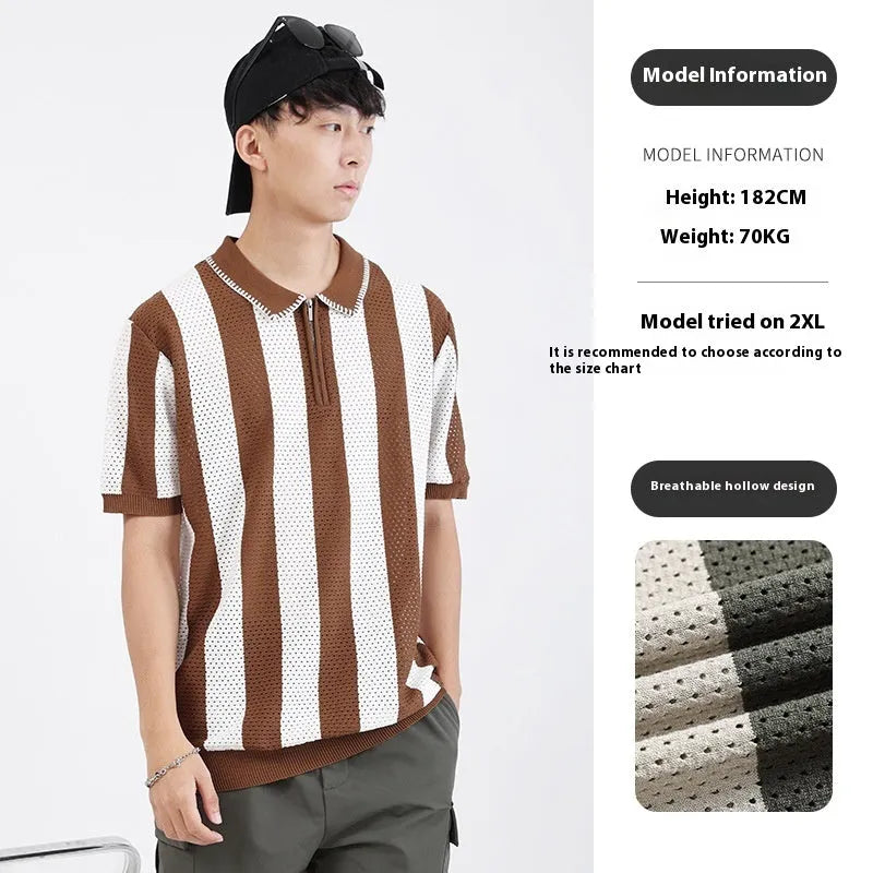 Men's short sleeve striped summer sweater in ice silk viscose fabric with zipper decoration