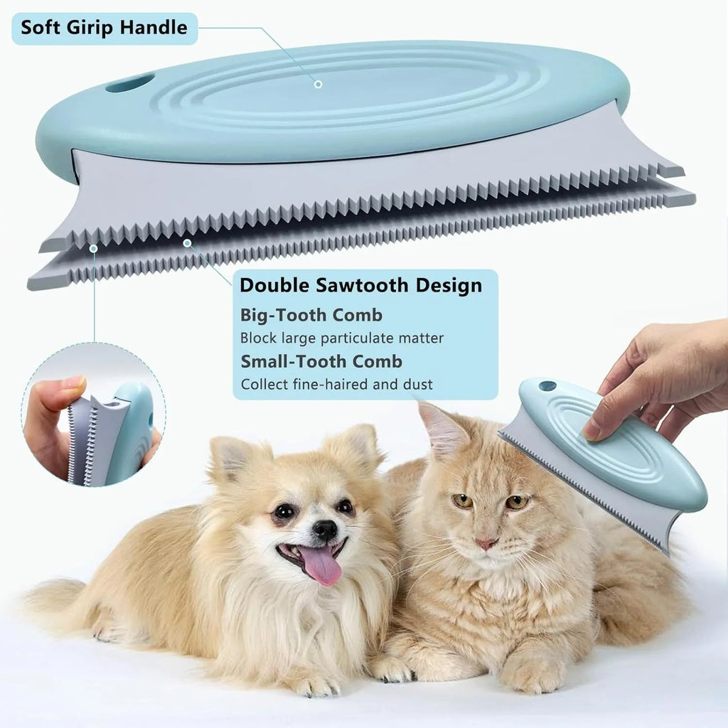 Three-piece pet hair remover set with metal tool, silicone brush, and round ABS/TPR cleaner on a carpet.