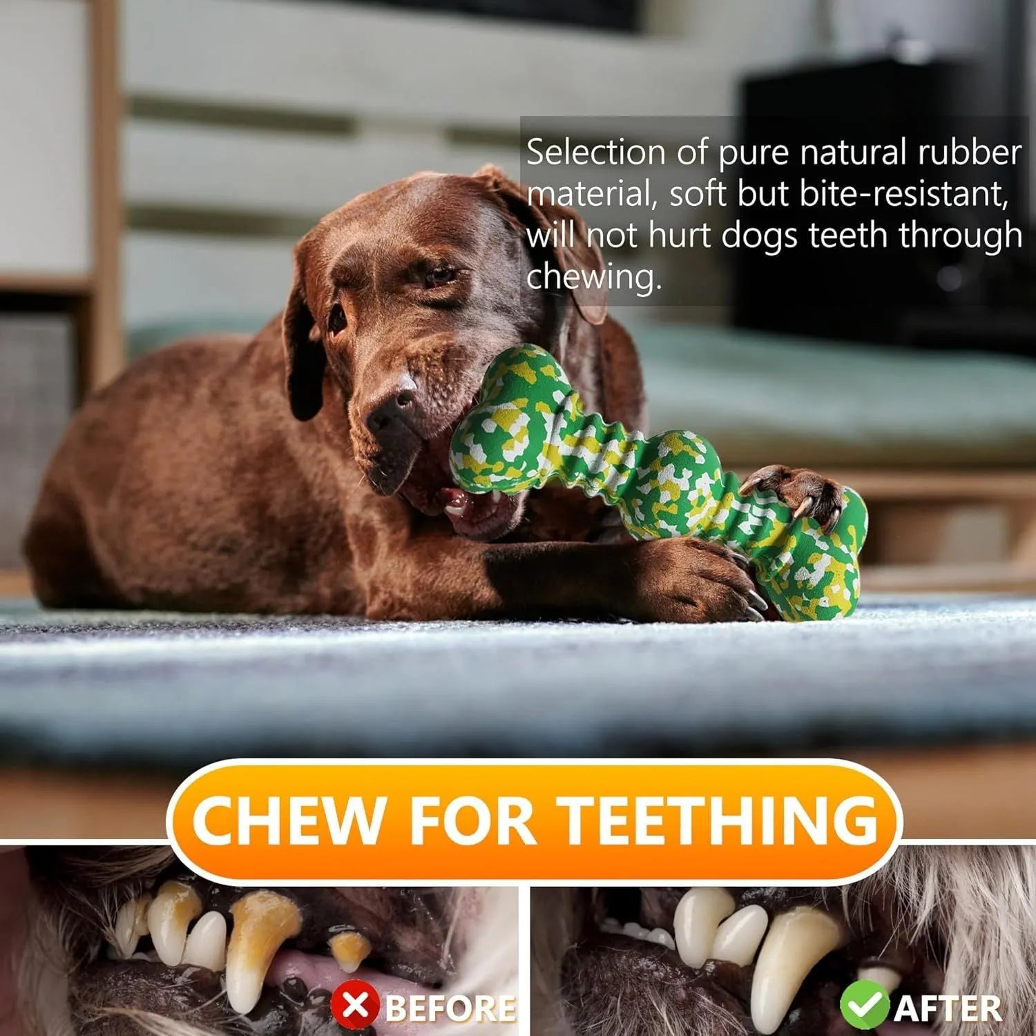 Green and white camouflage pattern natural rubber dog chew toy for large dogs on a wooden floor.