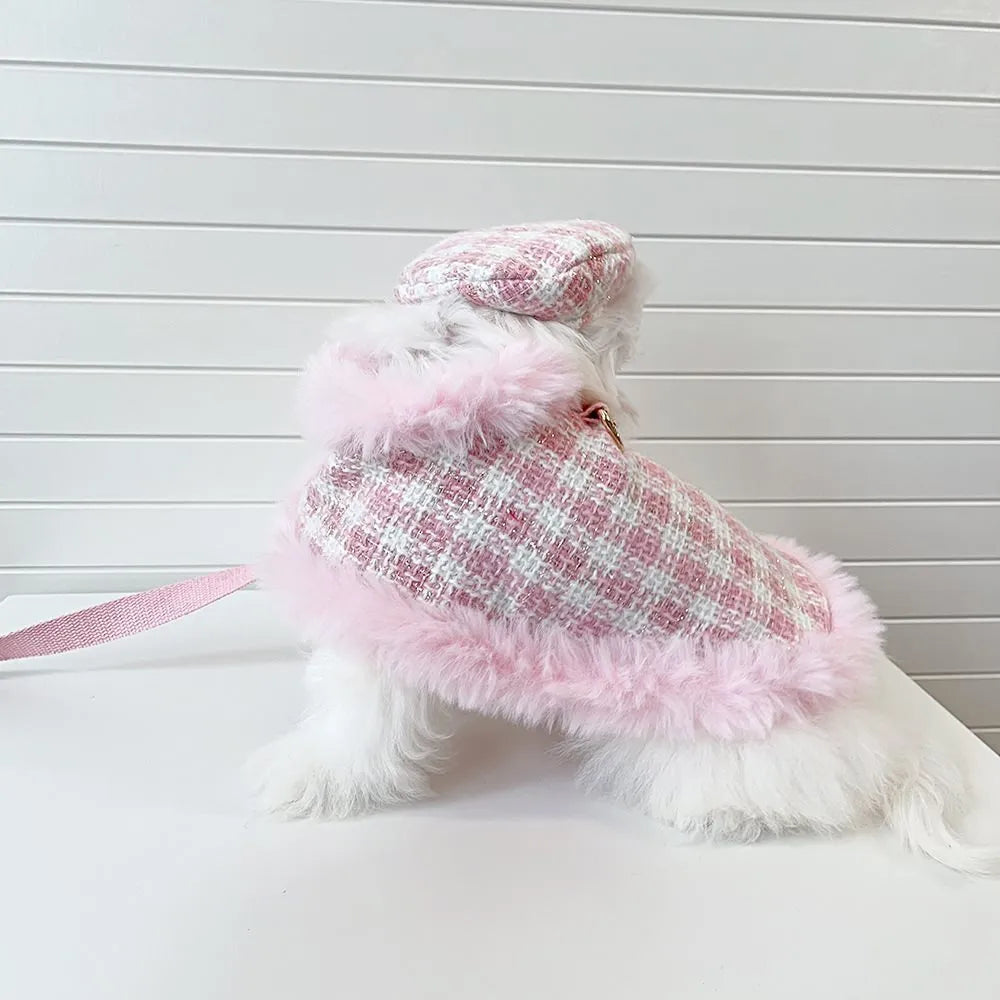 Pink cat costume set with beret, cape and rope in polyester fabric