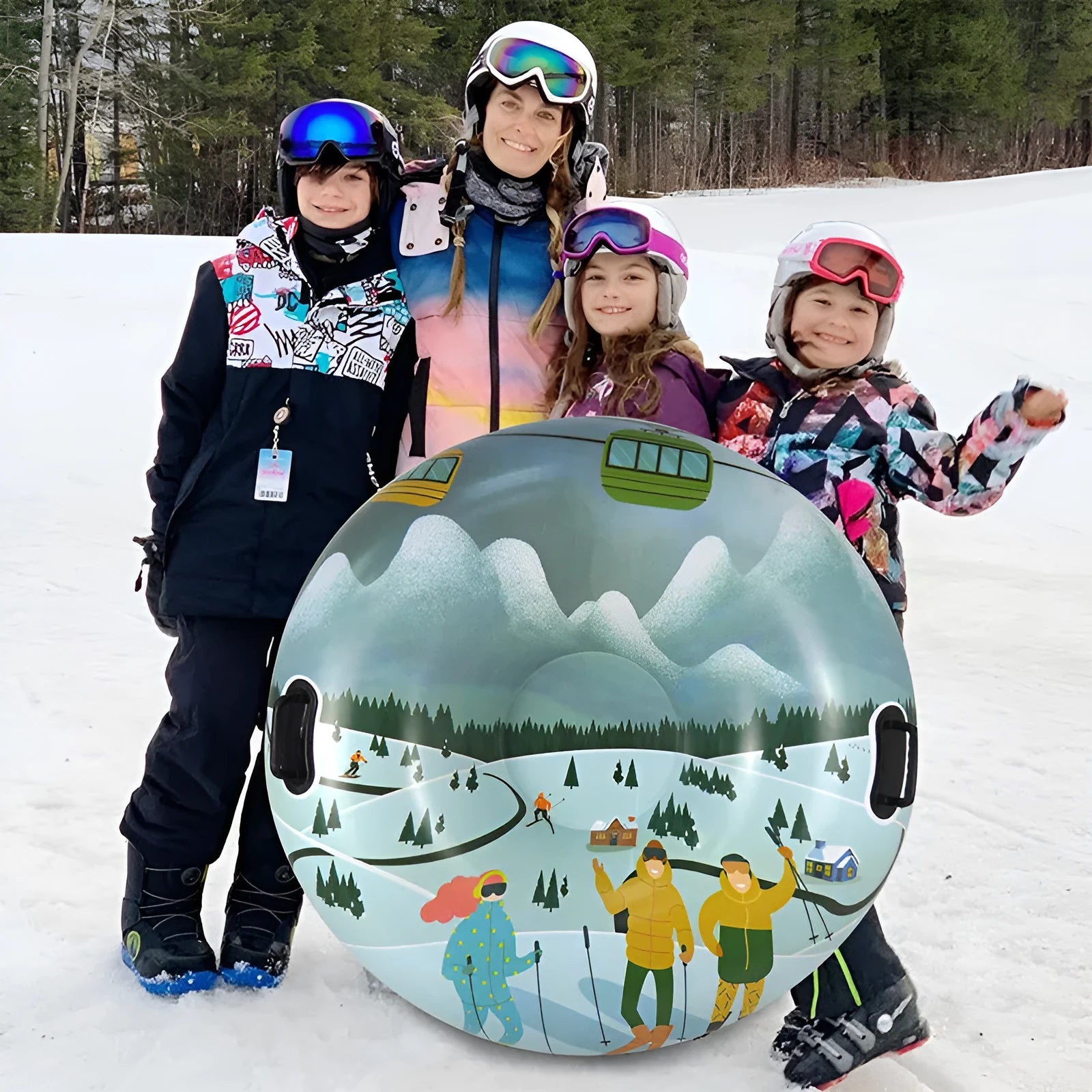 Outdoor PVC winter ski ring toy in printed design for snow play