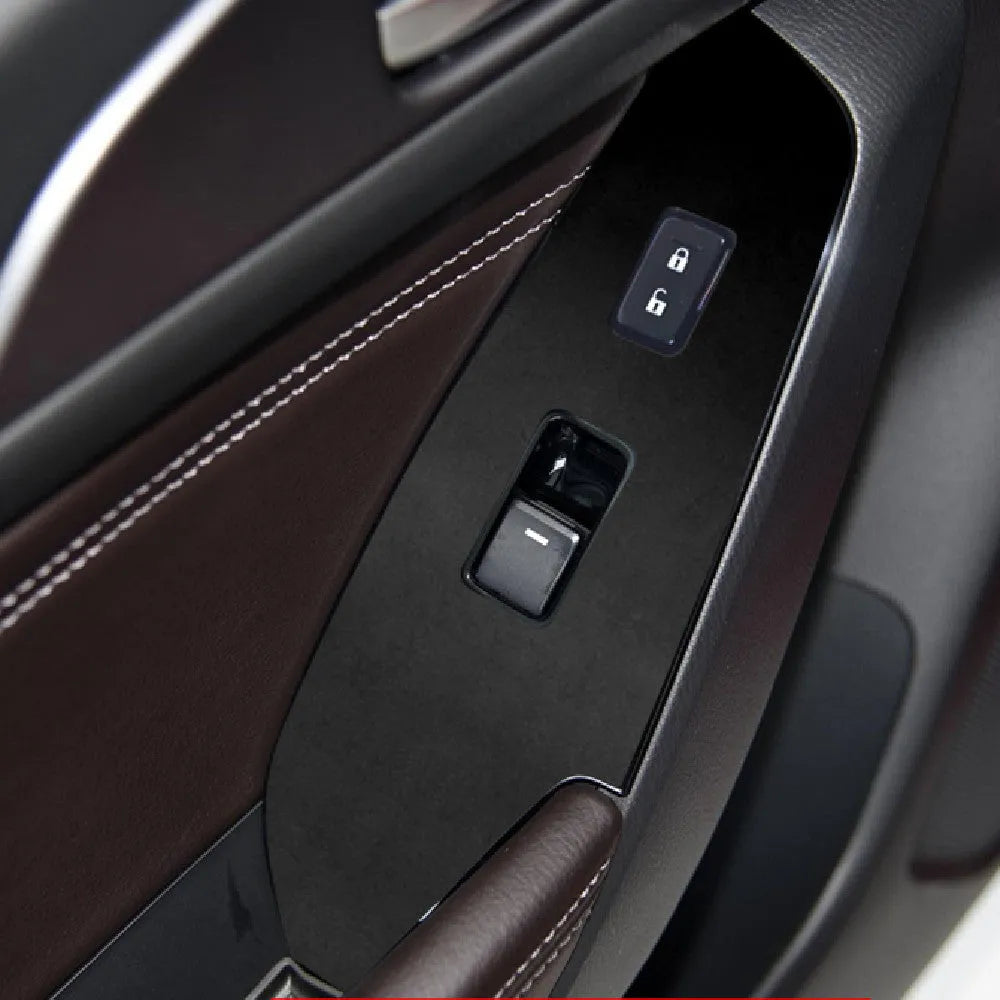 Four TPU protective films for car door control panels on a white background.