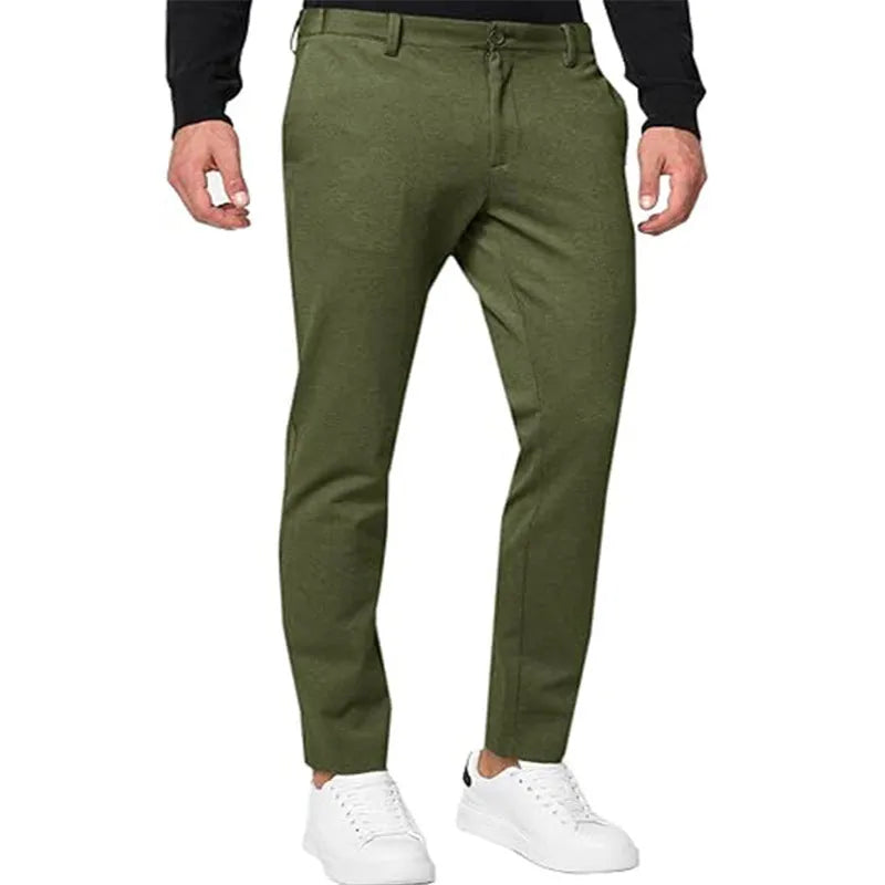 Men's slim-fit tapered chino trousers in khaki colour with stretch cotton blend fabric