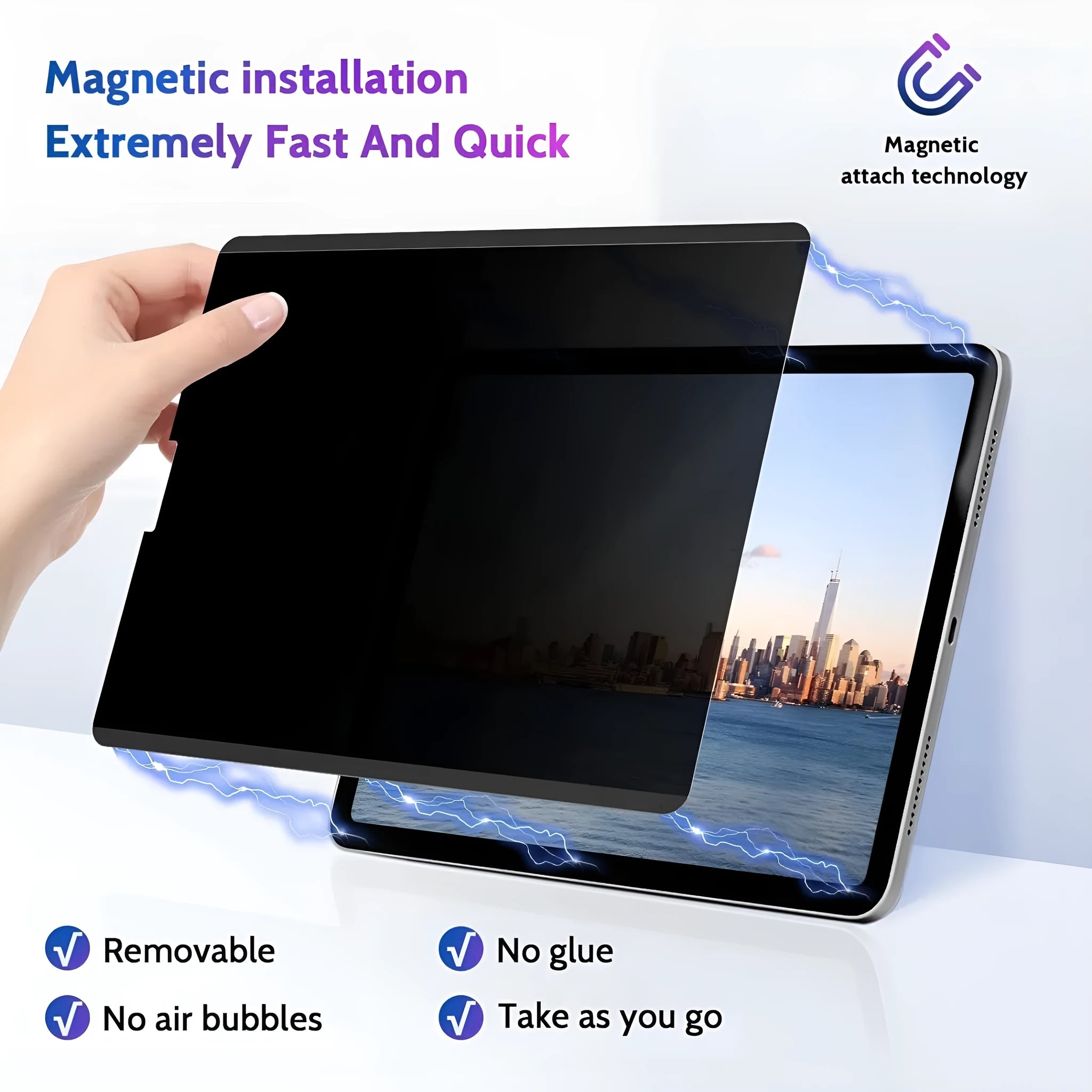 Magnetic suction anti-peeping film for iPad on a table next to an iPad and storage clip.