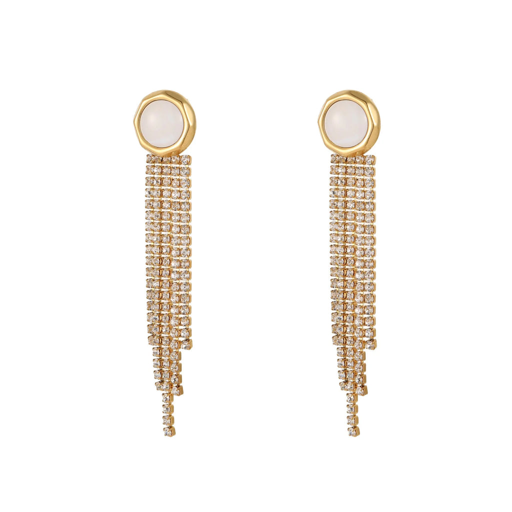 Stainless steel heart and star earrings with diamond tassel design and 18K gold electroplating