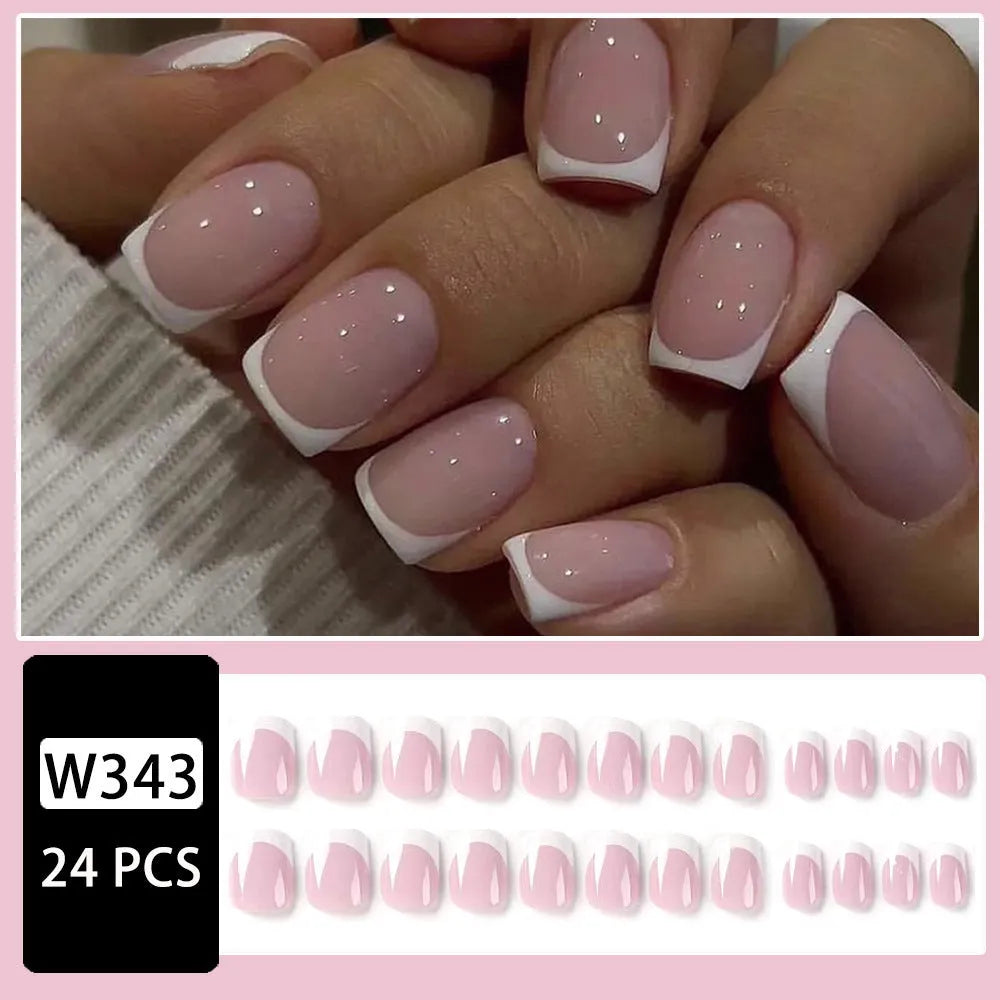 24 white plaid coffin-shaped press on nail tips with French tip design