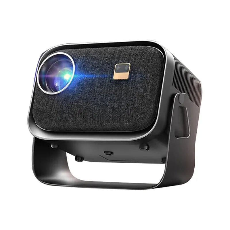 White 4K smart home theatre projector displaying content on wall with mobile phone compatibility shown