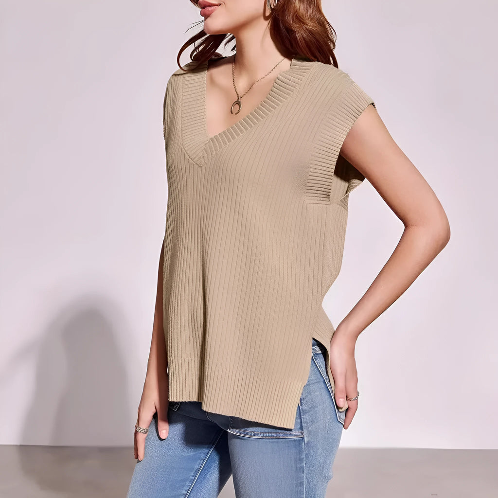 Women's camel and white V-neck sleeveless pullover vest in loose casual fit