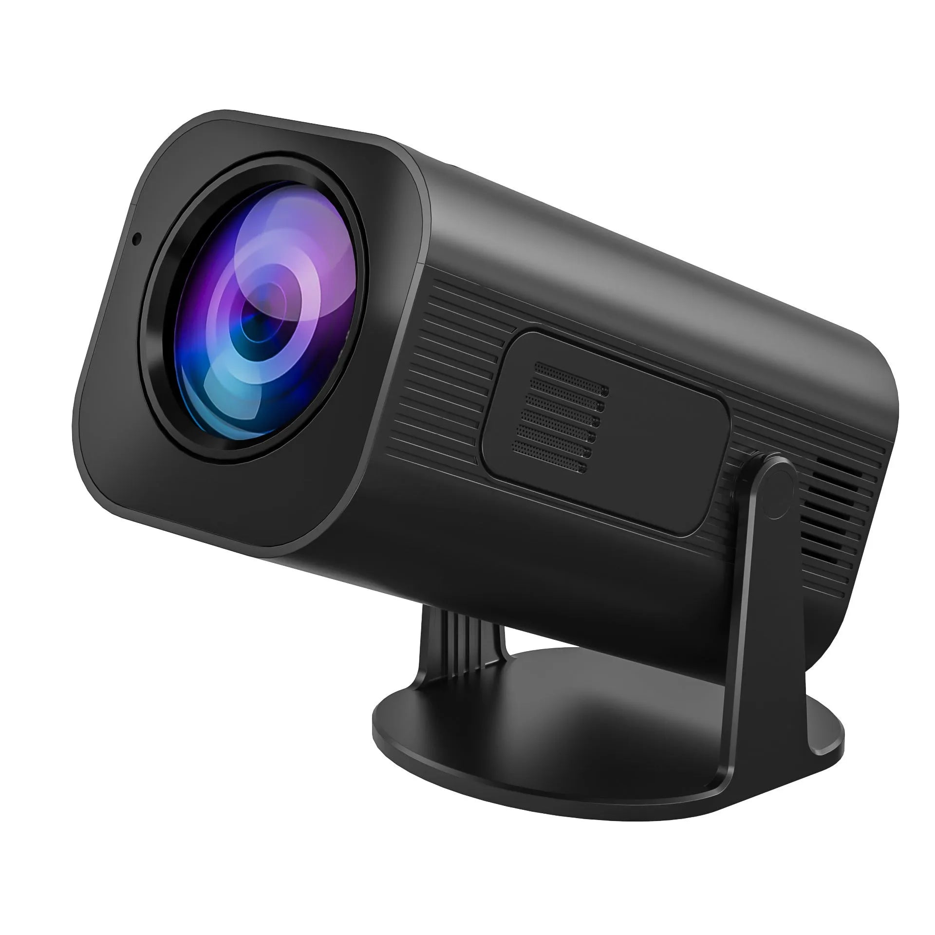Black P330 portable mini projector with remote control on table displaying HD projection