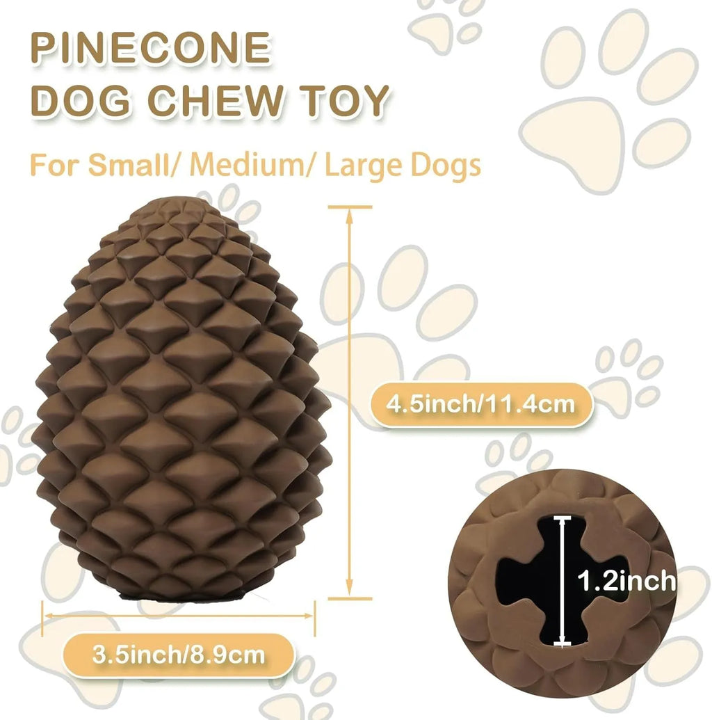 Yellow pine cone dog chew toy with treat dispenser hole for medium and large dogs