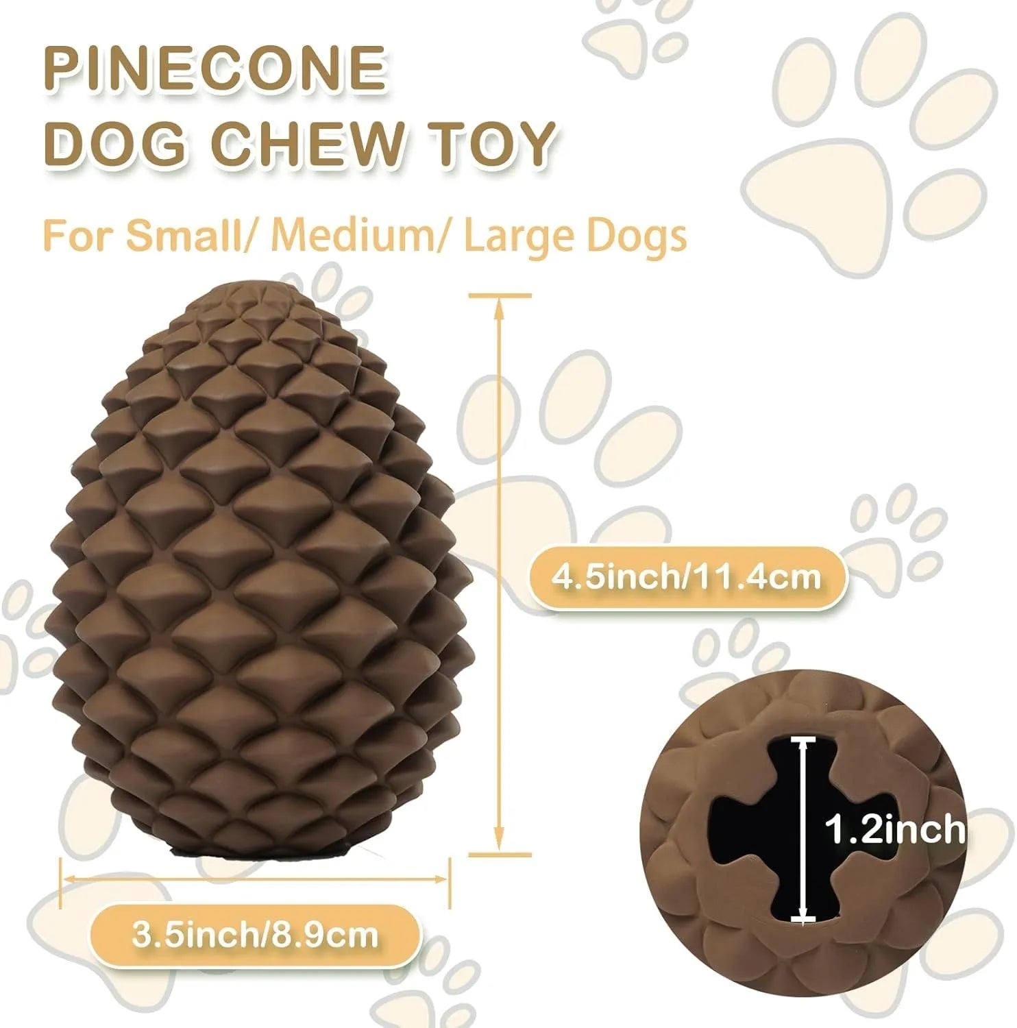 Yellow pine cone dog chew toy with treat dispenser hole for medium and large dogs