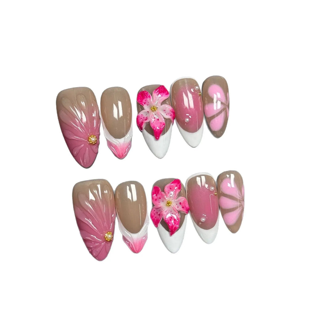 French style three-dimensional lily ice flower gel nail stickers in almond shape on plastic backing.