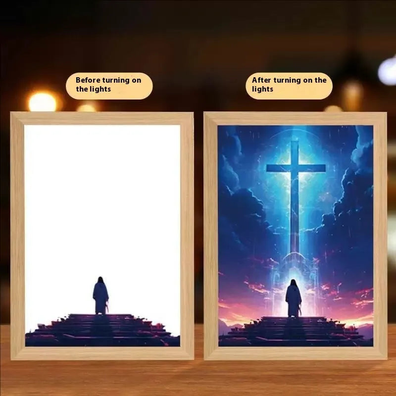 Modern rectangular LED photo frame displaying changeable sea scene artwork with built-in illumination