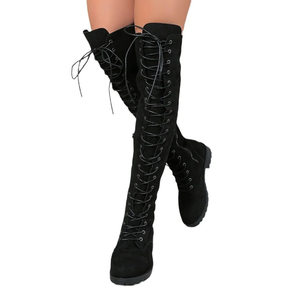Black lace-up over-the-knee flat heel boots with round toe and leather stitching detail on artificial PU upper.