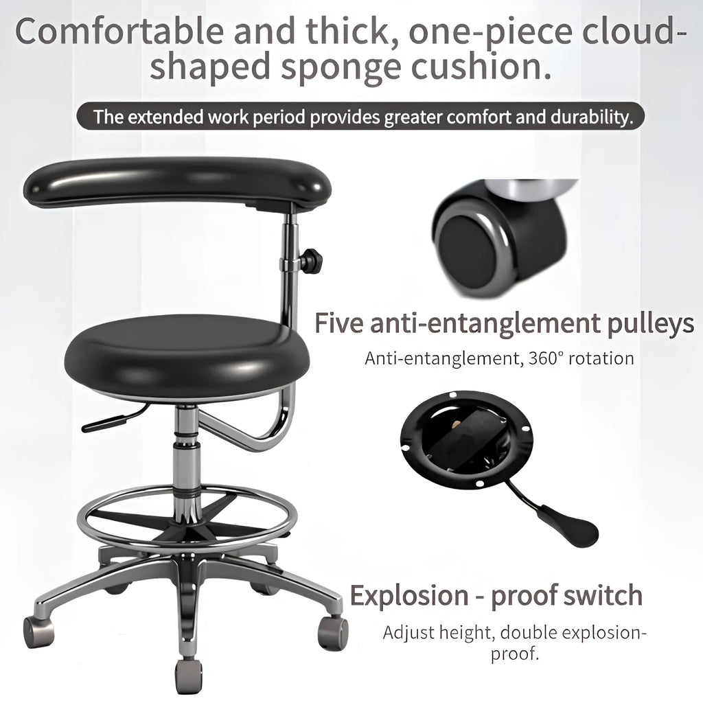 Black leather dental chair with height adjustment and tilt function for hospital use