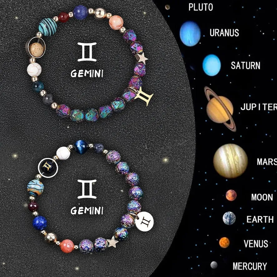 Two natural stone beaded bracelets with zodiac sign charms on a white background