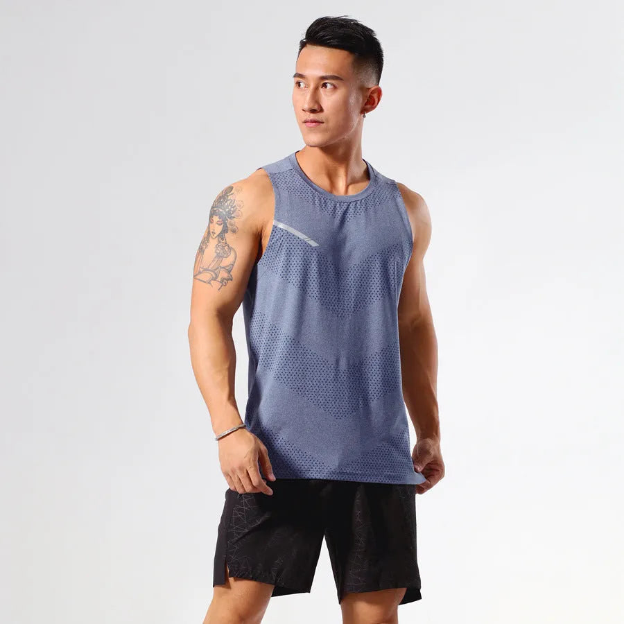Man wearing a grey quick-drying polyester sports tank top for summer outdoor activities.