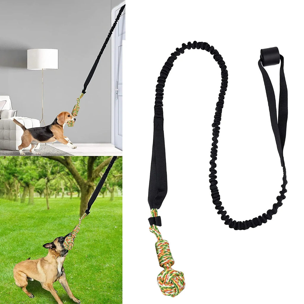 Braided cotton dog tug of war rope toy in red, grey, or black for interactive play and dental care.