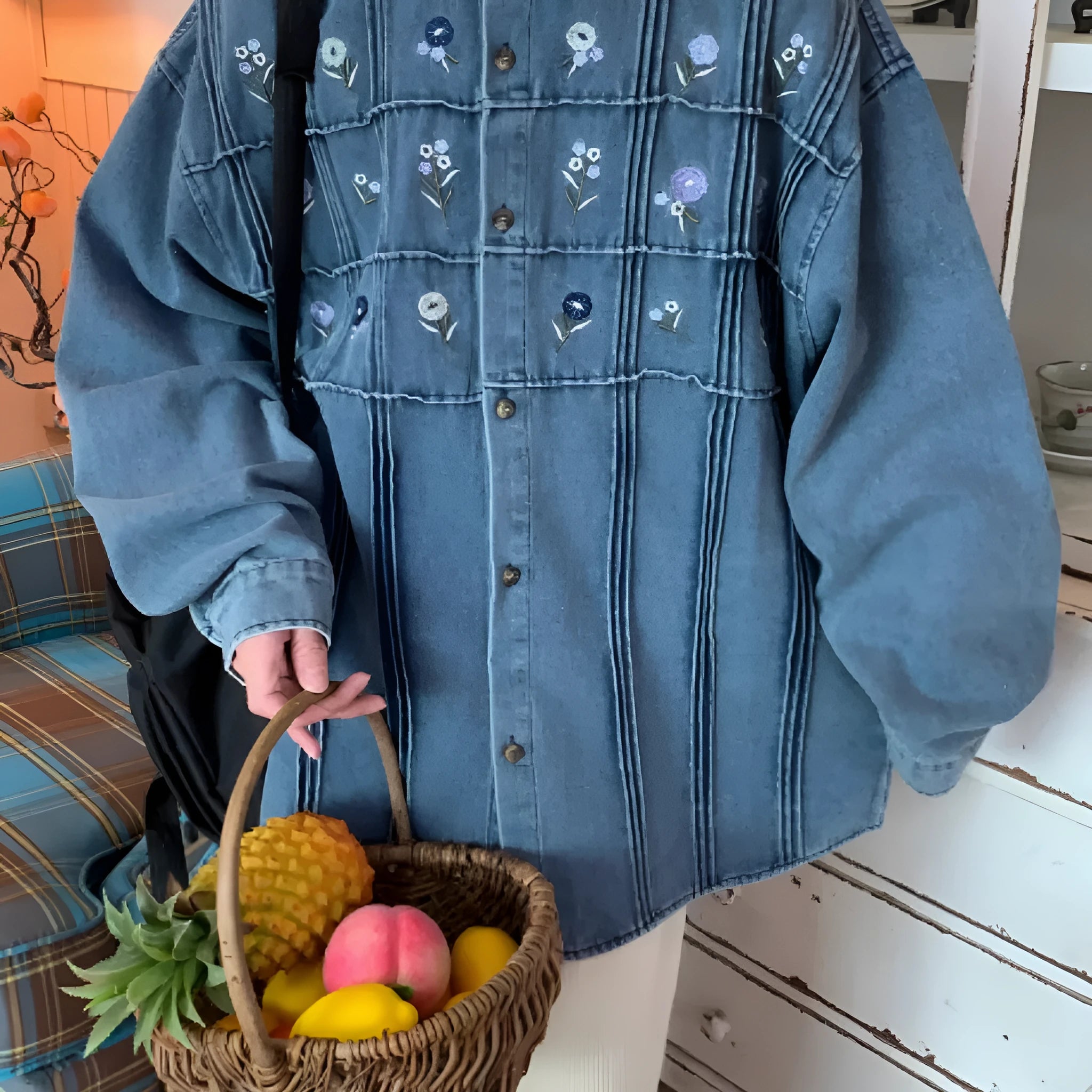 Vintage washed blue denim shirt with small floral pleats and long sleeves