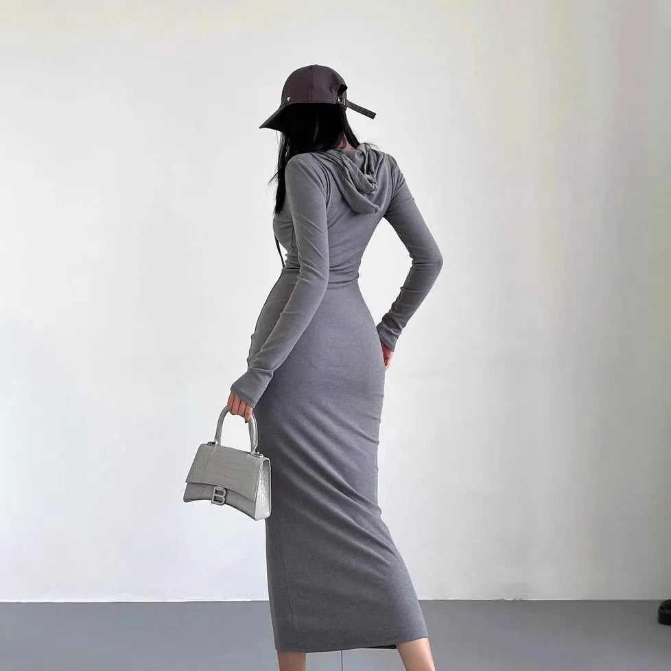 Women's grey polyester sheath dress with long sleeves and a high waist, knee-length.