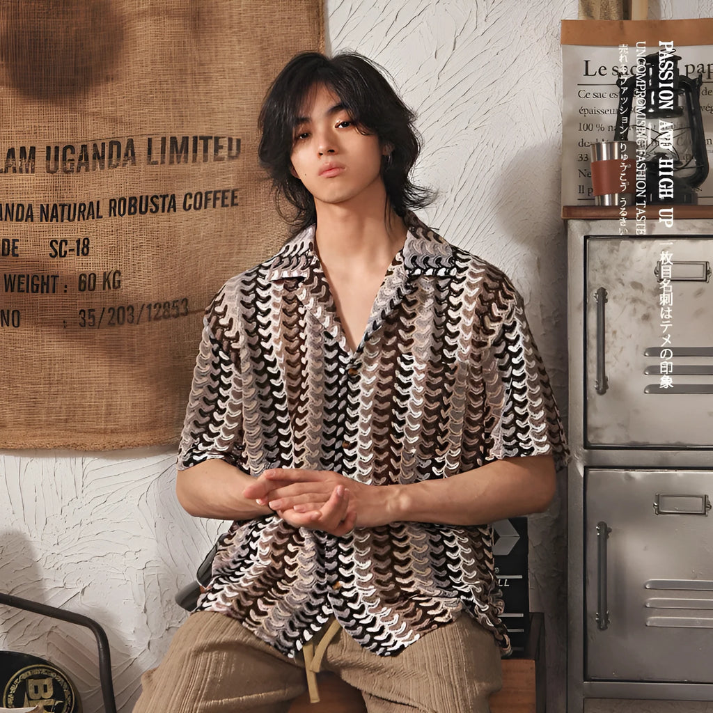 Men's grey Japanese style Cuban collar short sleeve shirt with jacquard texture, shown on a model.