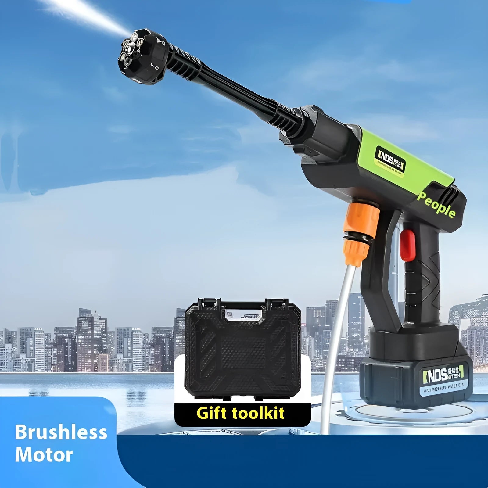 Green cordless high-pressure water gun with multiple nozzle attachments and extension rod on a patio.