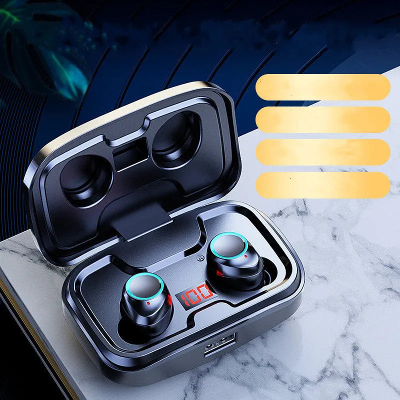 Black wireless in-ear headphones with Bluetooth 5.0 shown from the side.