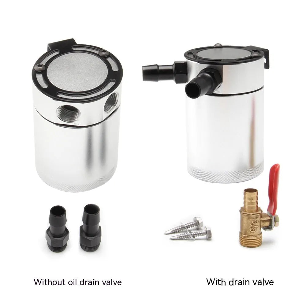 Black automotive aluminium oil pot with two-hole design and optional drain valve for workshop use
