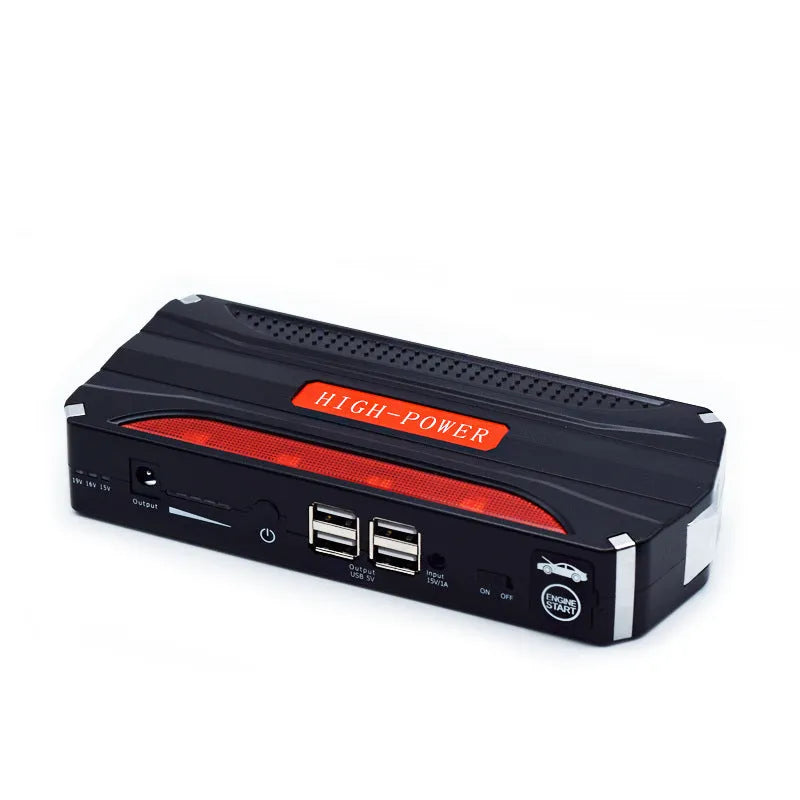 Black and red 12V vehicle emergency jump starter power bank with stated 7800mAh capacity.