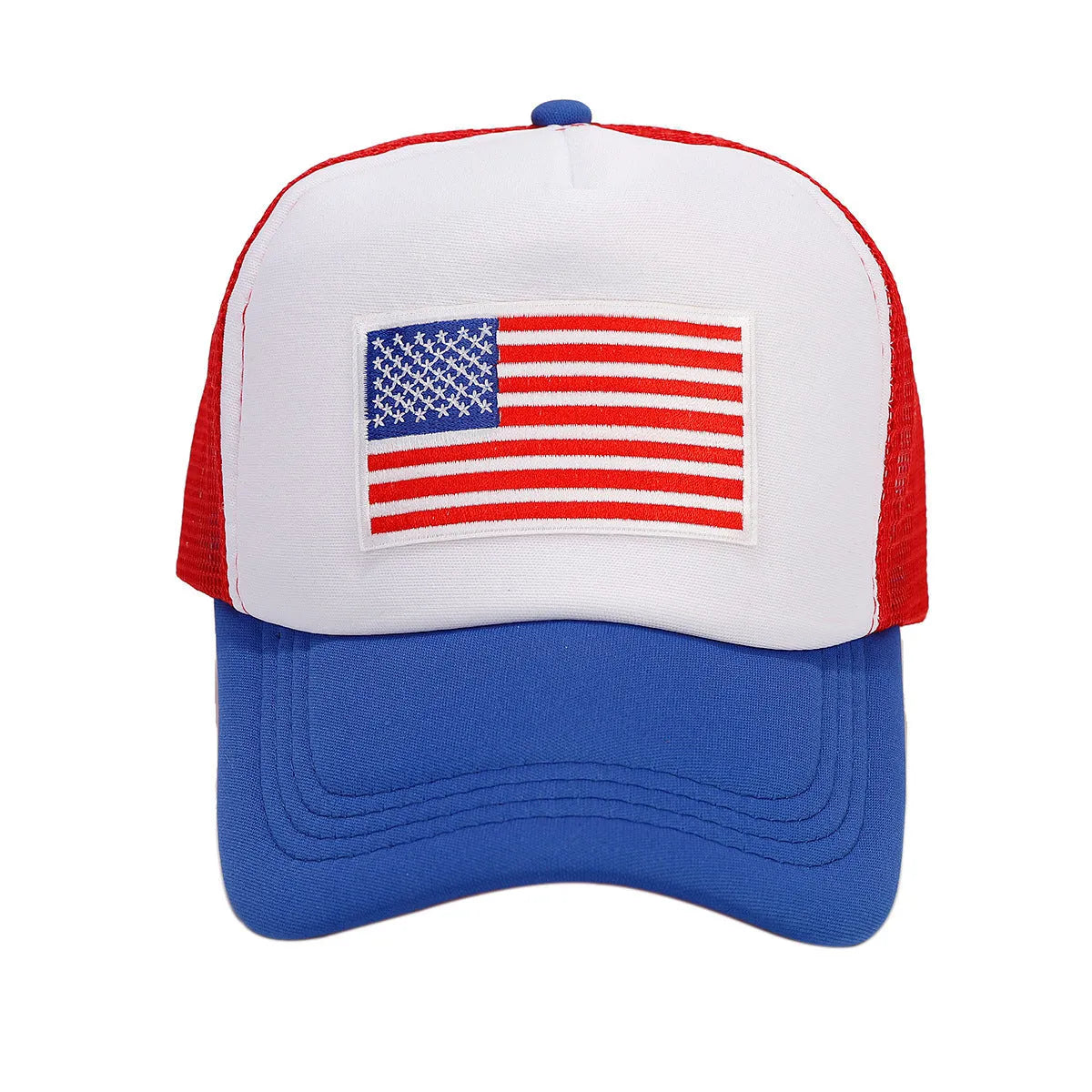 Red and blue contrasting mesh baseball cap with adjustable strap on a dome crown.