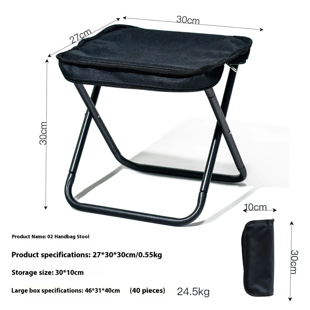 Foldable outdoor camp stool in Oxford cloth shown in a khaki colour, collapsed in its flat pencil box design.