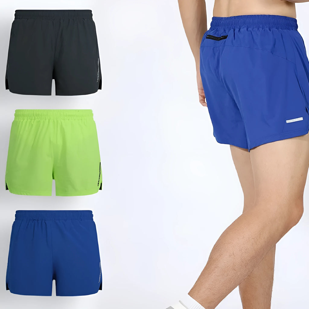 Men's quick-drying polyester marathon running shorts in black, grey, and fluorescent green with straight fit design