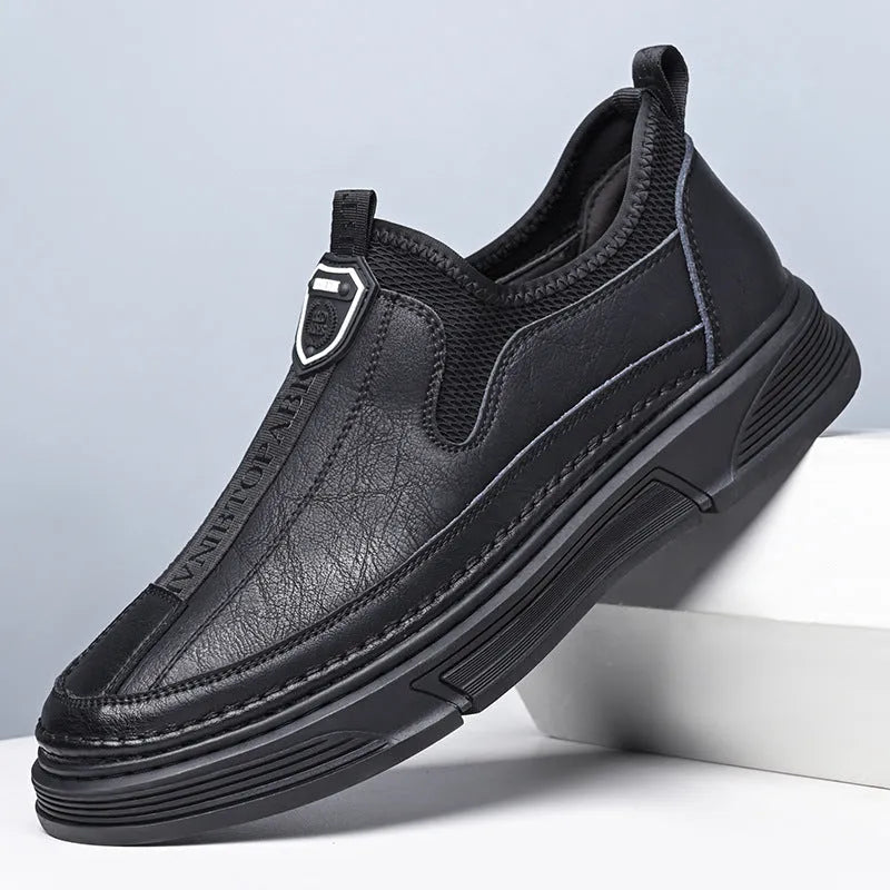 Men's black and brown leather casual shoes with round toe design on size display