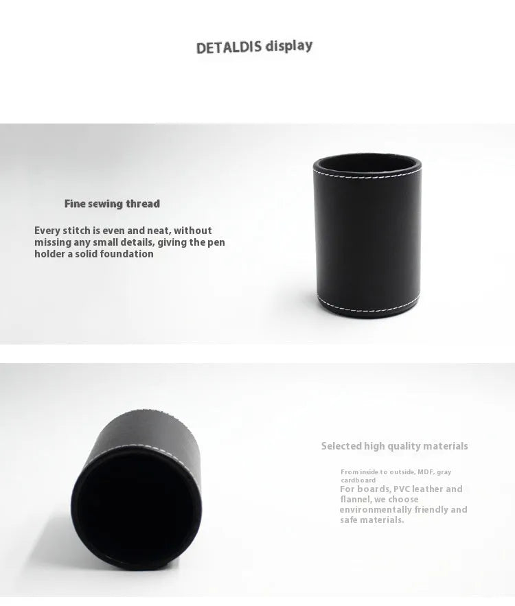 Black leather round pen holder with 8cm diameter and 10.8cm height for desk organisation
