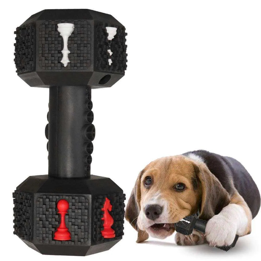 Durable dumbbell-shaped dog chew toy in natural rubber with textured surface