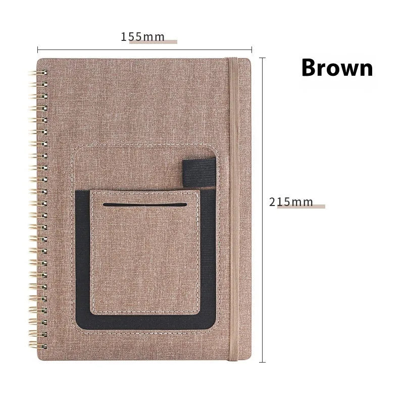 Erasable coil-bound notebook with customisable coloured cover on thick, reusable rock paper, shown with a pen.