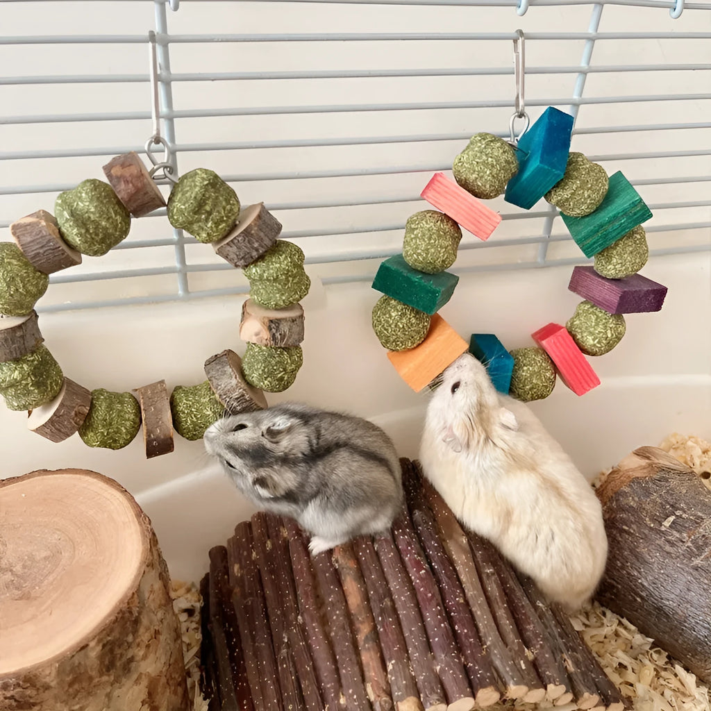Applewood straw ball chew ring toy for small pets with decorative paillette details