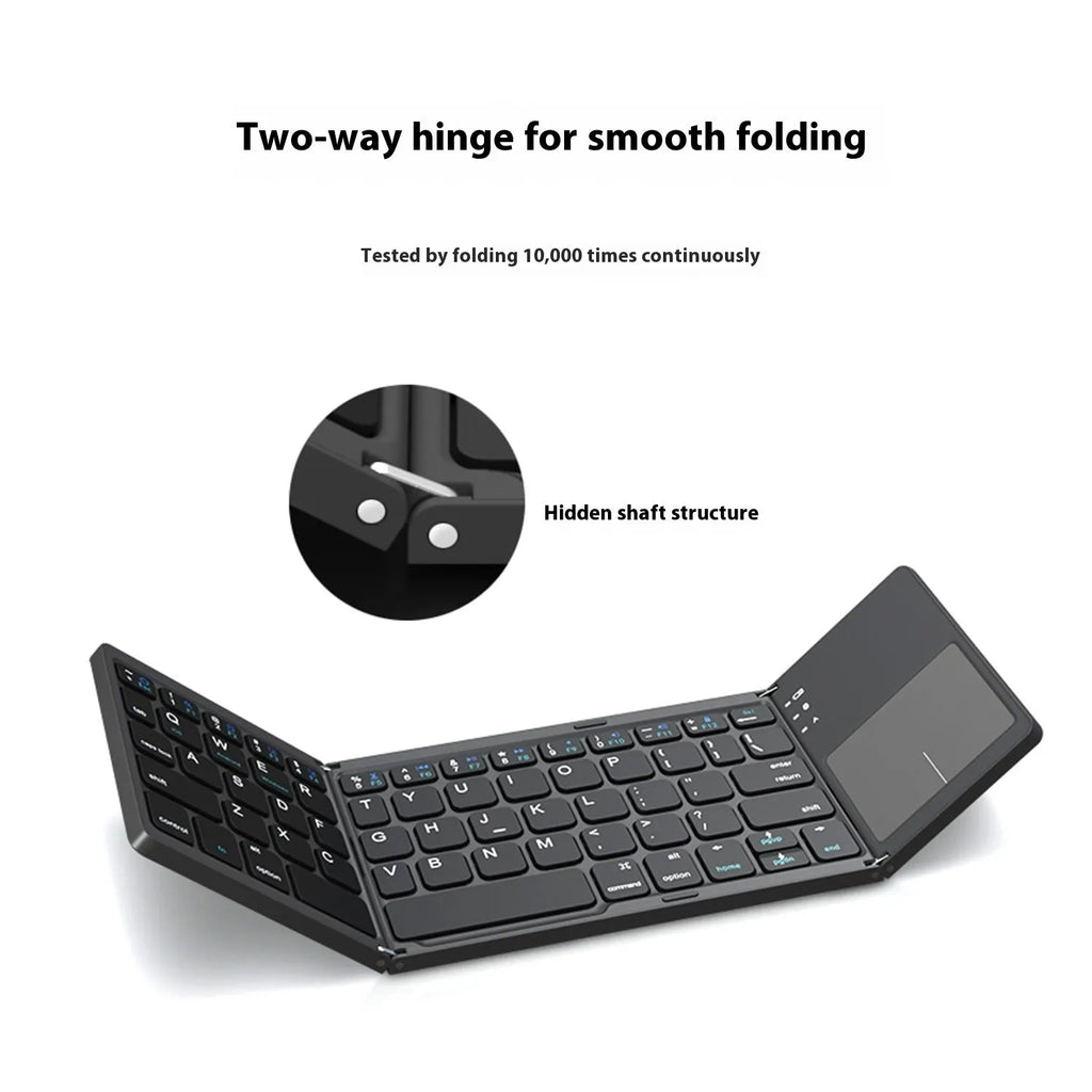 A closed black tri-fold Bluetooth keyboard next to a smartphone, showing its slim 0.8cm profile.