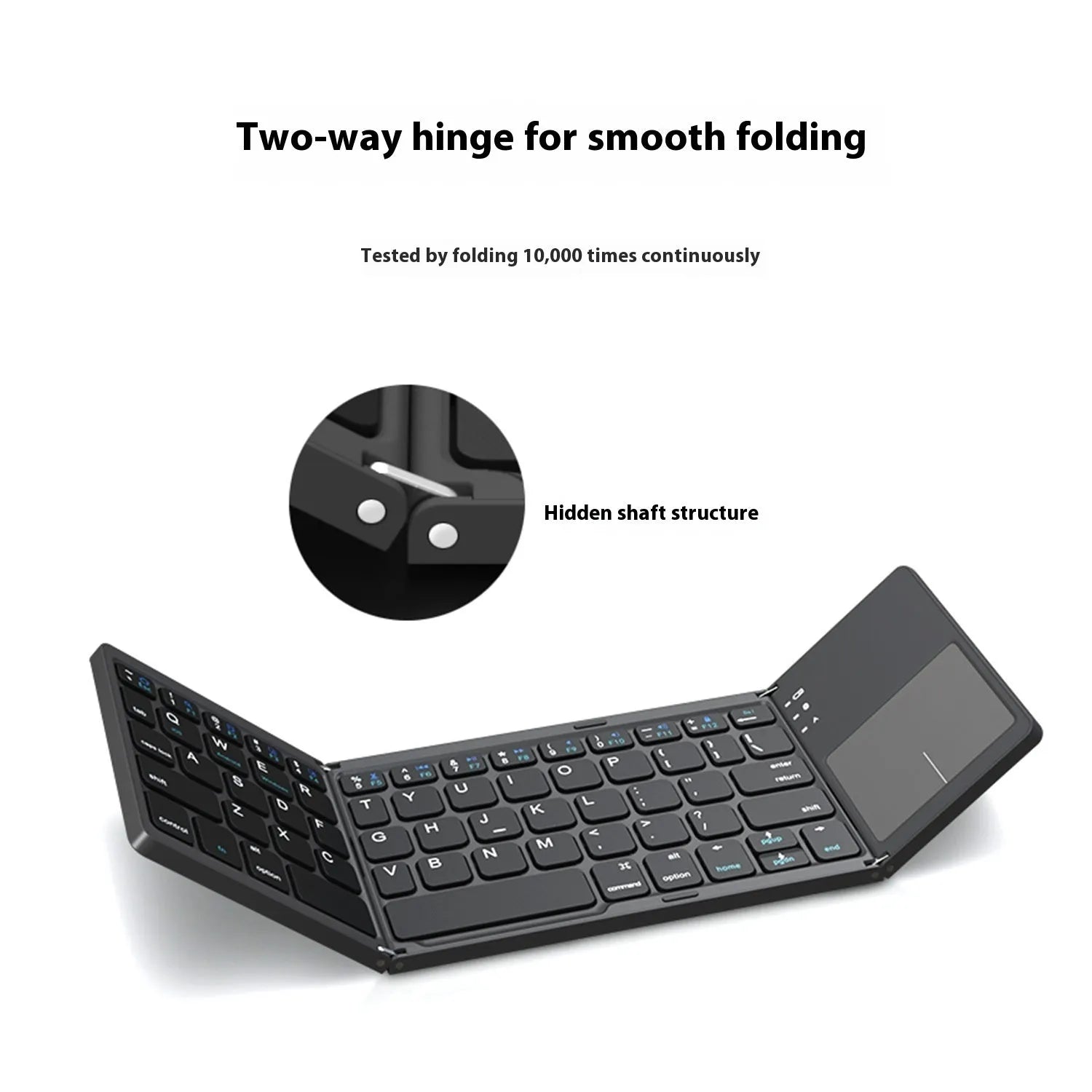 A closed black tri-fold Bluetooth keyboard next to a smartphone, showing its slim 0.8cm profile.
