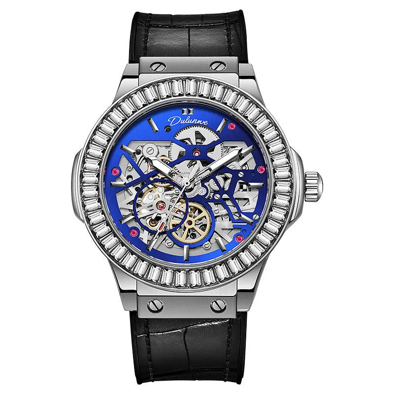 Automatic mechanical men's watch with diamond-studded hollow movement in business styling
