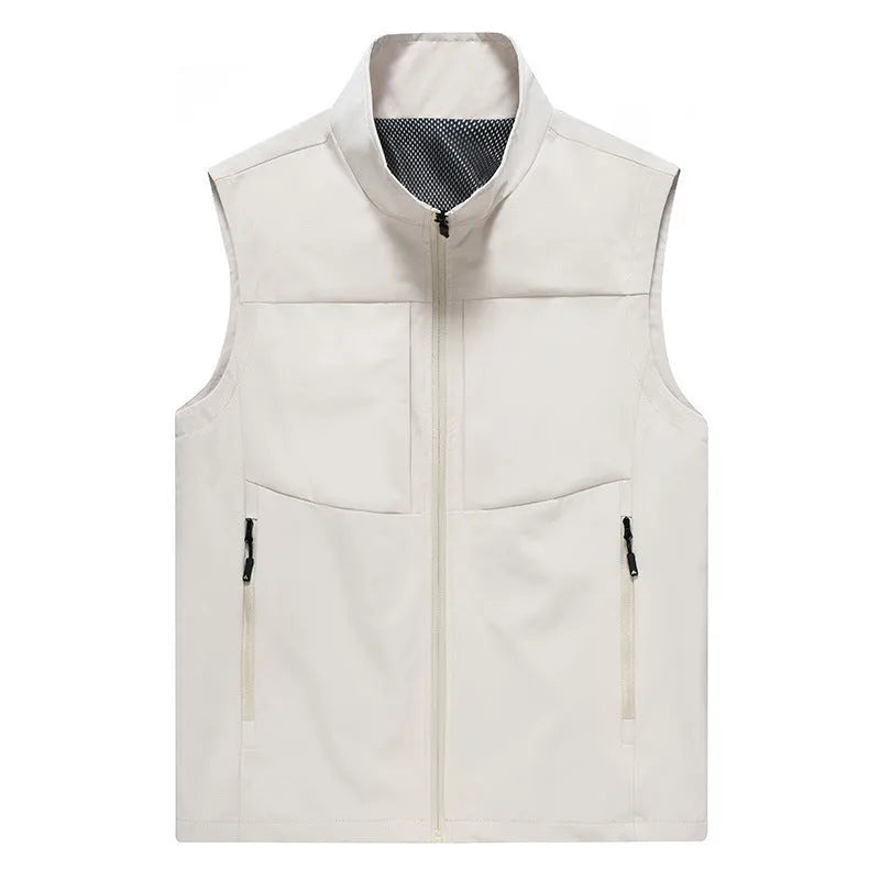 Men's khaki polyester cardigan vest with stand collar and zipper pockets for outdoor wear.