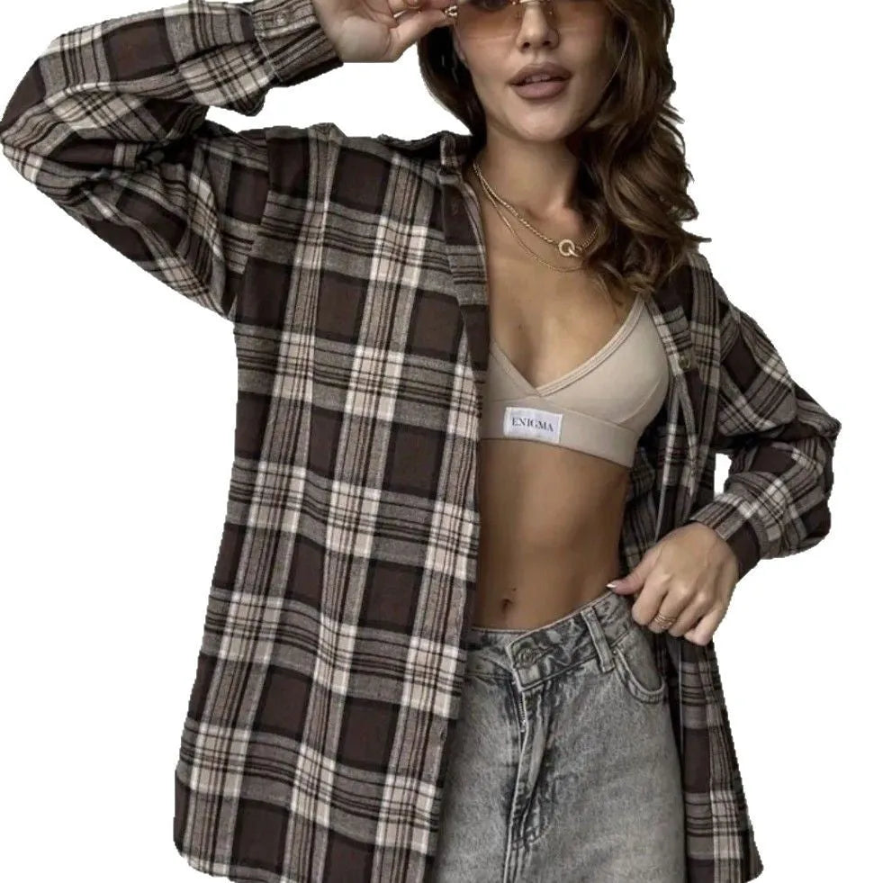 Dark brown retro striped women's shirt with long sleeves and V-neck collar