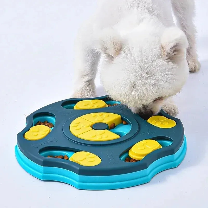Blue dog puzzle toy feeder with compartments for interactive food search games.