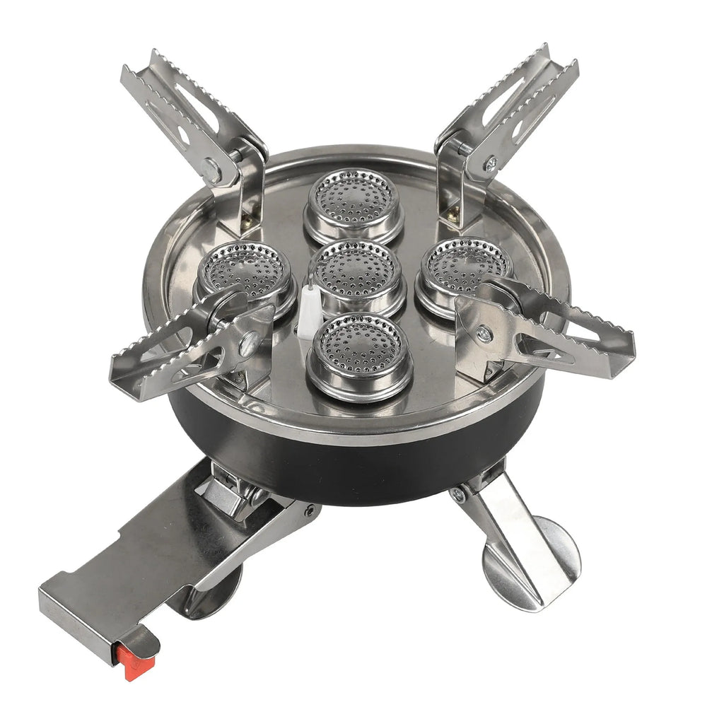 Silver portable split camping stove with hose, dimensions 155mm by 125mm.