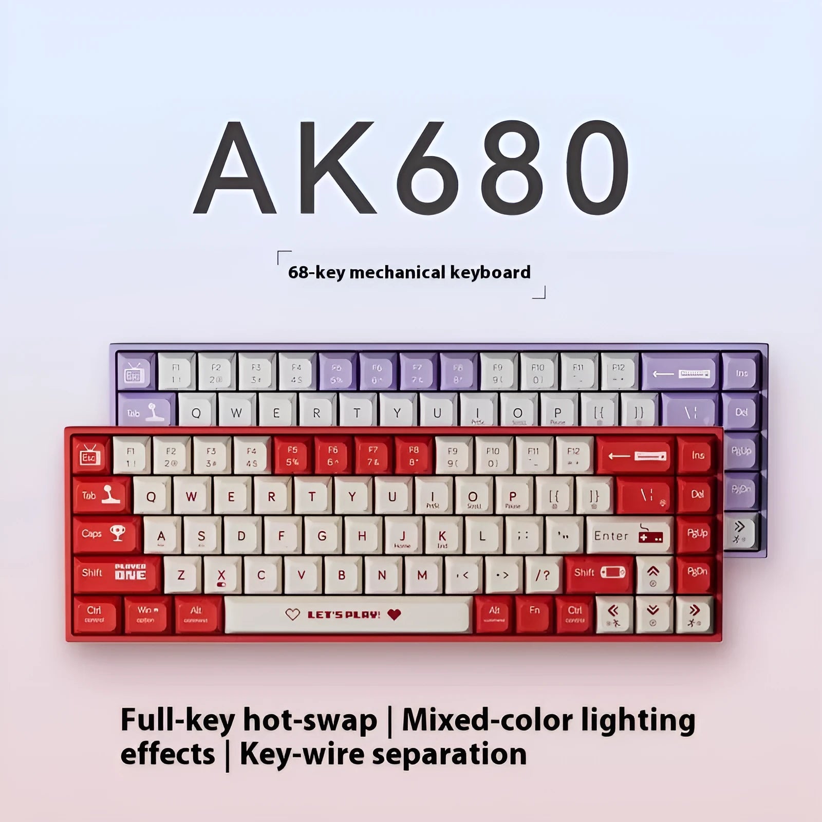 AJAZZ AK680 red and white mixed colour 68-key wired mechanical keyboard with hot-swappable switches on a desk.