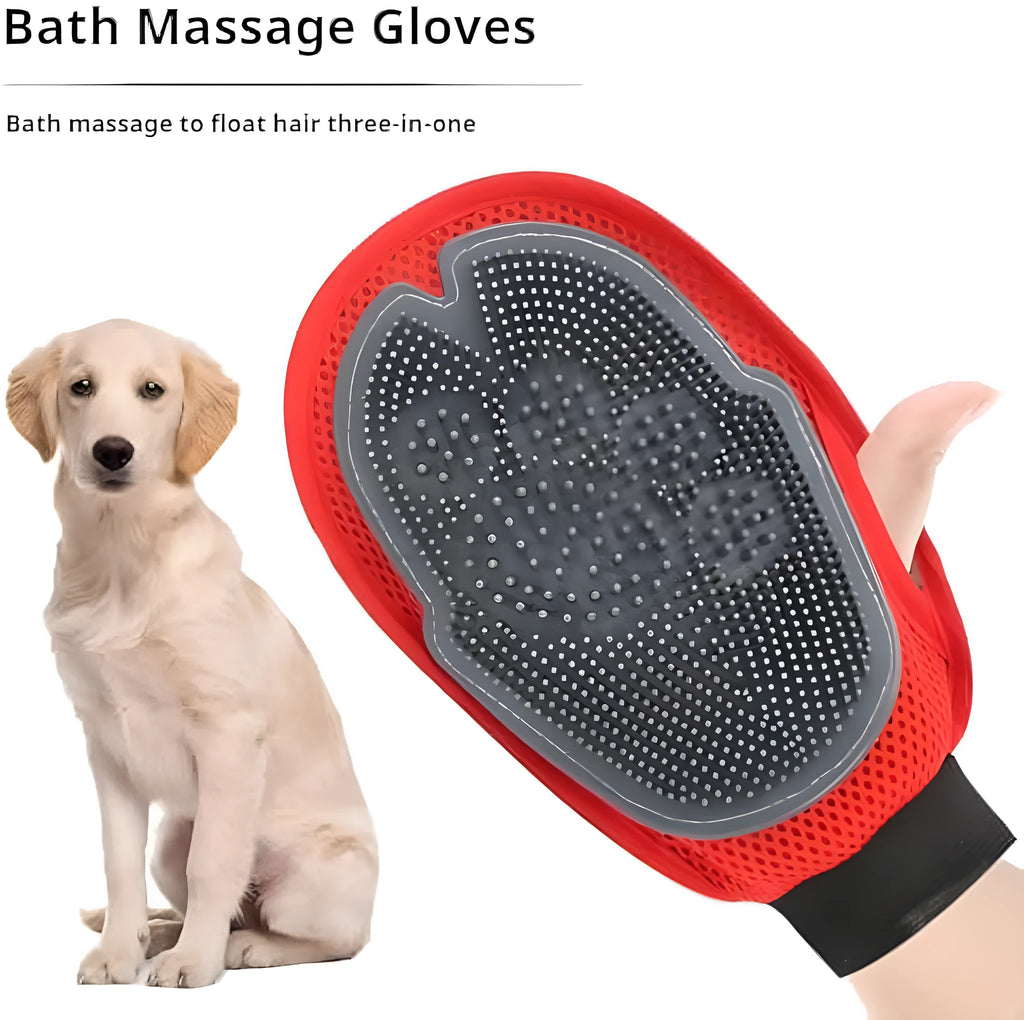 Red pet bathing and grooming glove with an integrated cleaning brush on the palm.