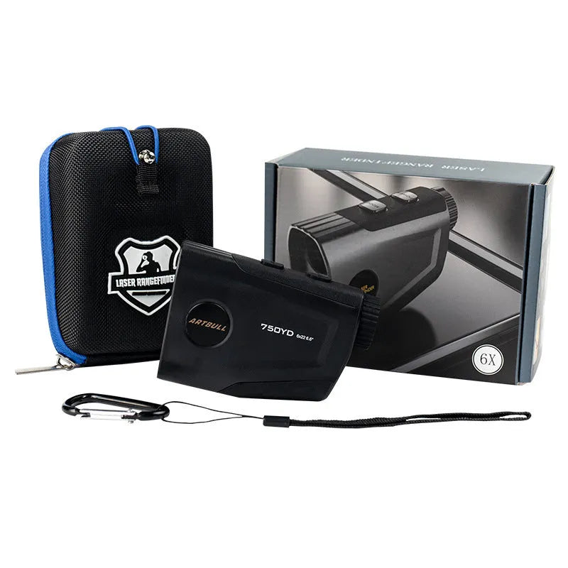 Golf laser rangefinder with 6x magnification showing LCD display with distance measurement