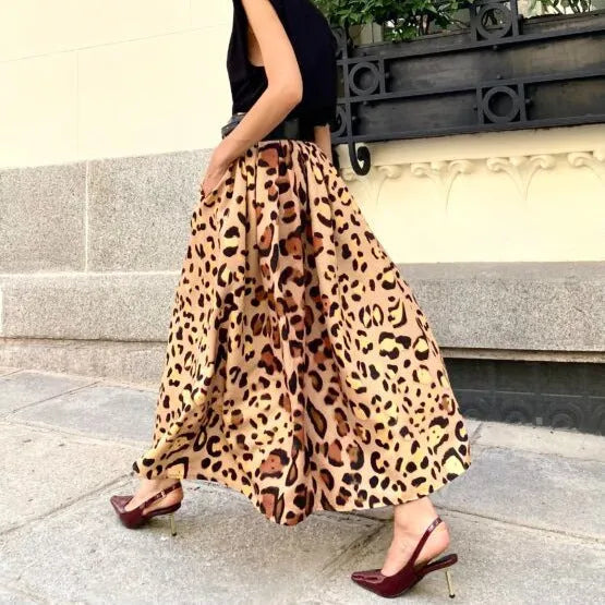 Women's brown leopard print A-line long skirt with big hem detail