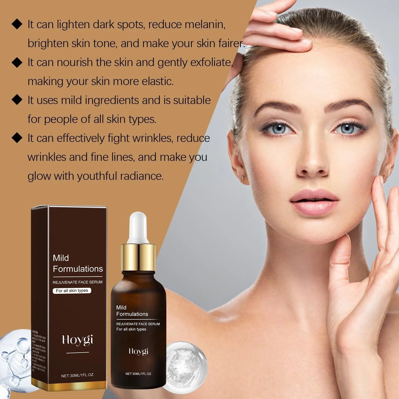 30ml bottle of facial skin care essence with hyaluronic acid and arbutin.