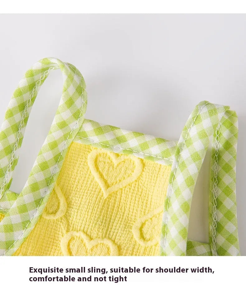 Small dog vest with heart texture and bow suspenders in blue, pink, or yellow with elastic sides